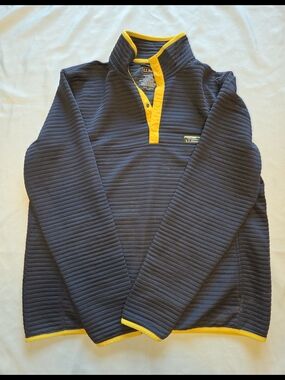 LL Bean Mens L Tall Pullover Snap Fleece Gray Yellow Outdoor